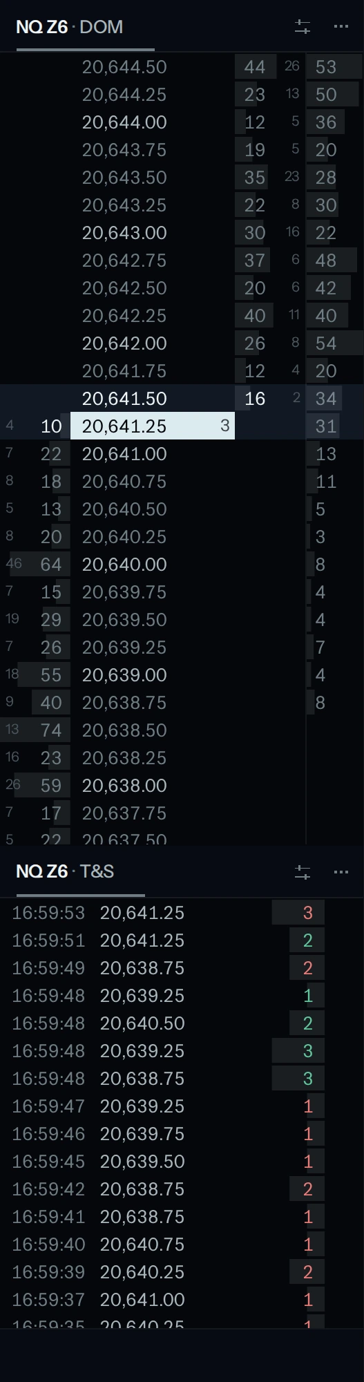 The NQ DOM ladder with bid and ask sizes at each tick, and time and sales below it. Demo data.