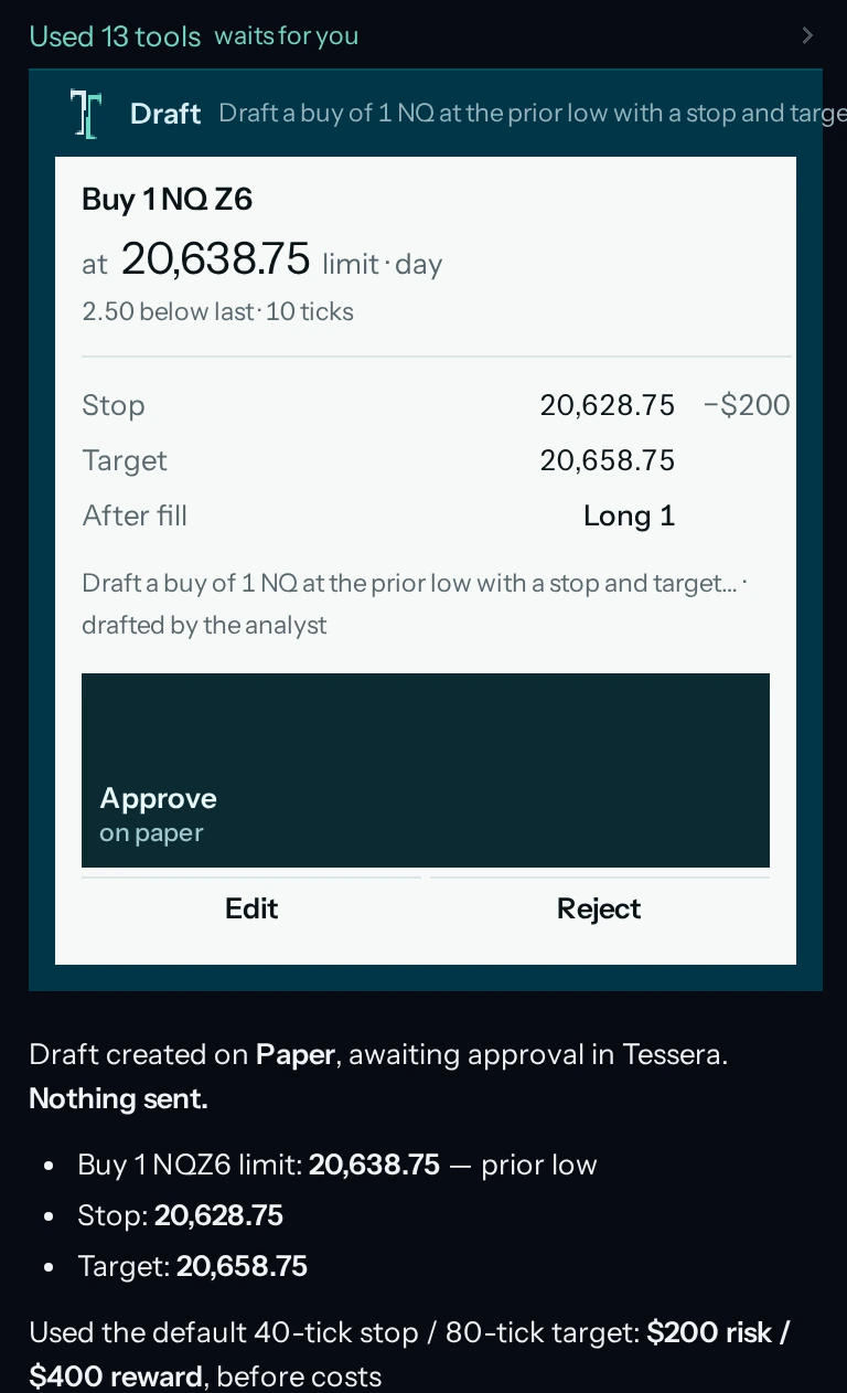 A draft card in the Tessera analyst column: Buy 1 NQ Z6 at 20,638.75 limit, day, with its stop, target and position after fill, and Approve on paper, Edit and Reject. The analyst notes the draft was created on paper and nothing was sent. Demo data.